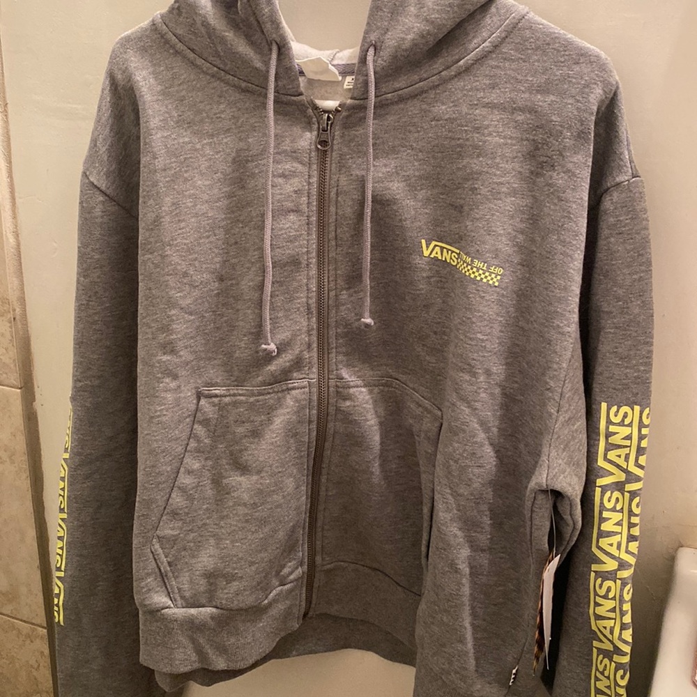 Vans gray zip up hoodie oversized sleeves neon logo